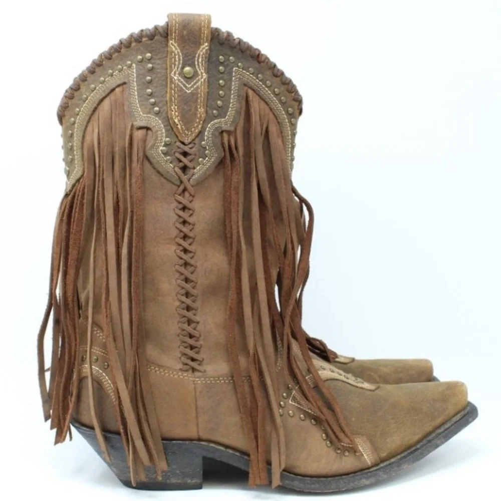 🤠ROCKIN COUNTRY🤠GENUINE LEATHER FRINGE STUDDED COWBOY BOOT - Picture 3 of 7